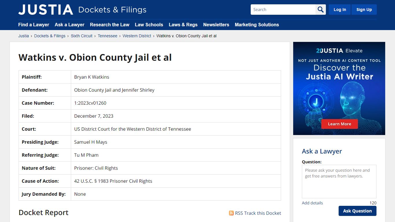 Watkins v. Obion County Jail et al 1:2023cv01260 | US District Court ...